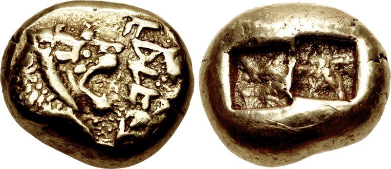 Both faces of an electrum trite of Alyattes, a lion's head and an incuse punch