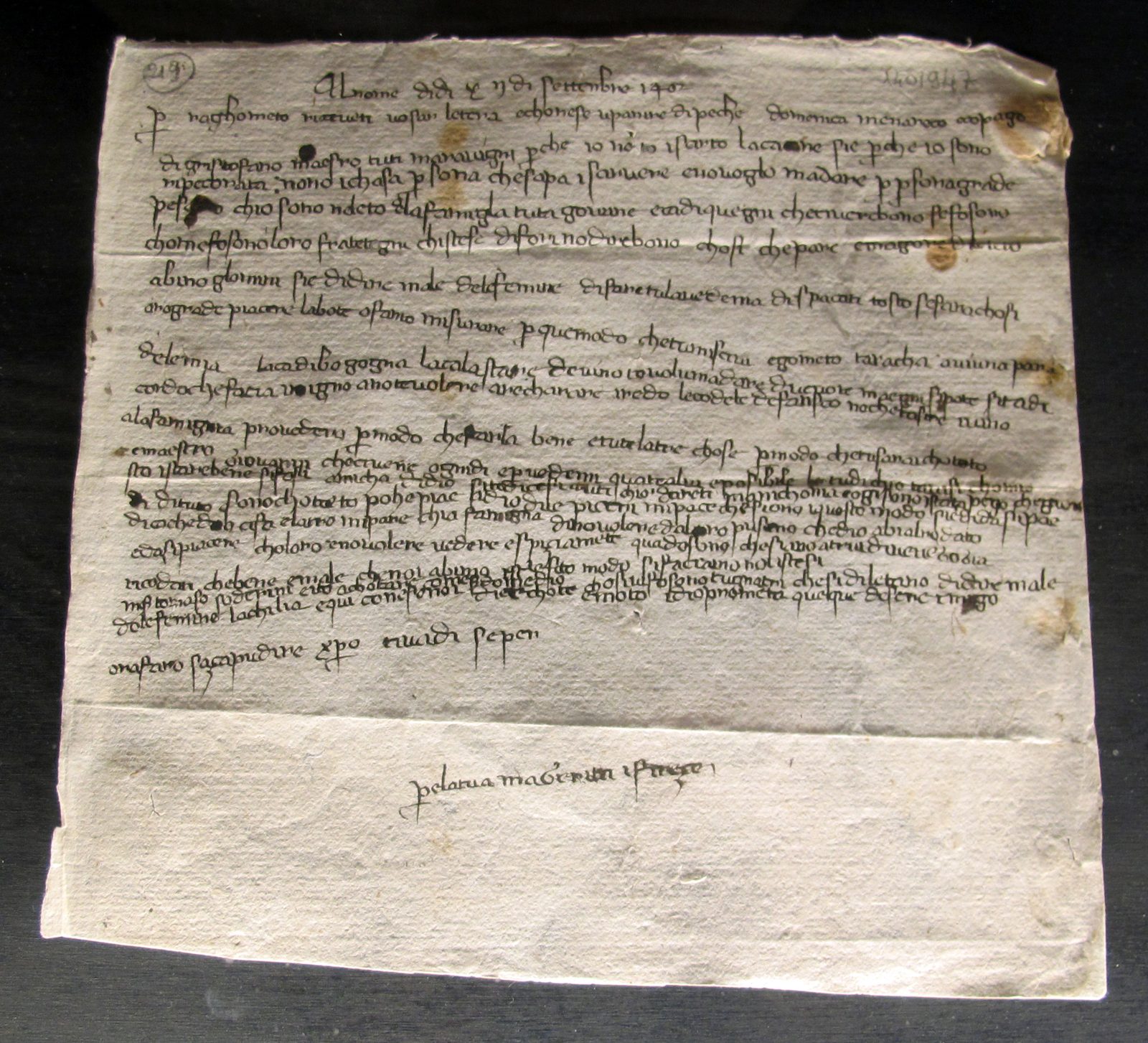 A handwritten letter on paper from Margherita Datini to Francesco Datini, dated 1402