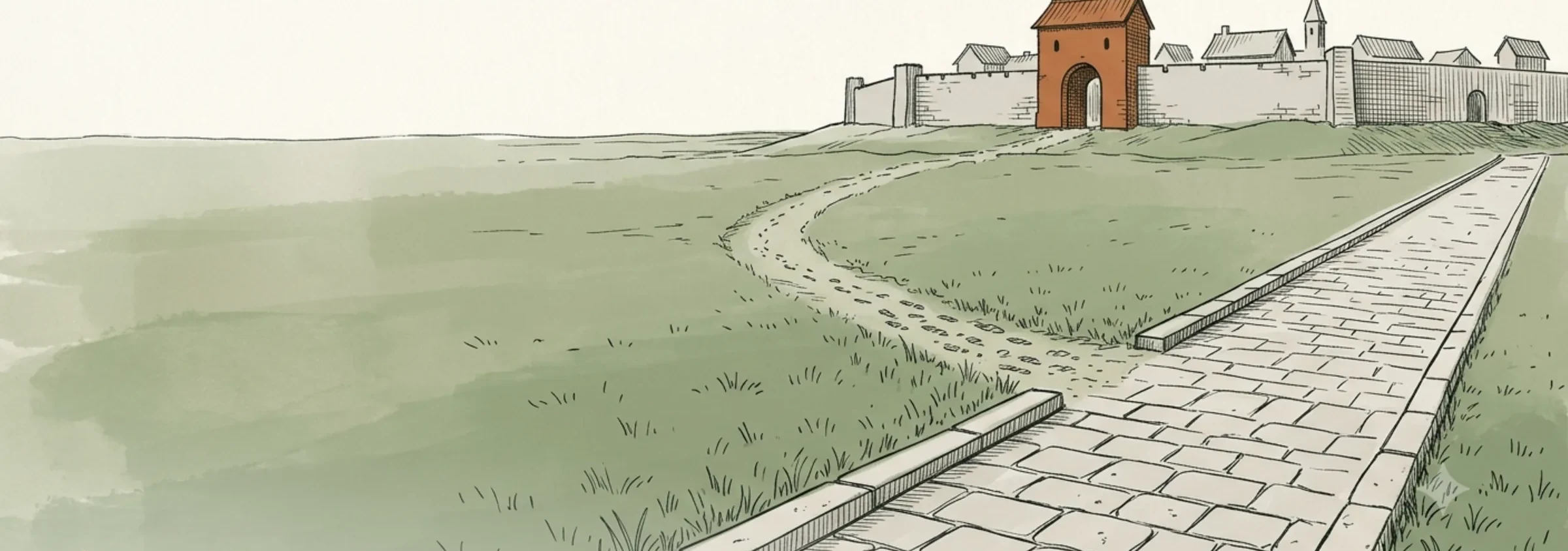 Engraved illustration: a worn footpath and a new paved road running side by side toward the open gate of a walled town.